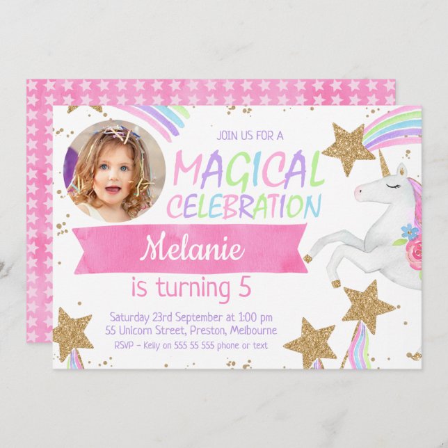 Girls Unicorn Photo Birthday Invitation (Front/Back)