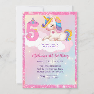 Girls Unicorn Rainbow Glitter 5th Birthday Party   Invitation