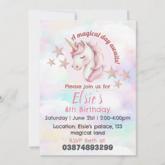 Girls unicorn theme birthday invitation