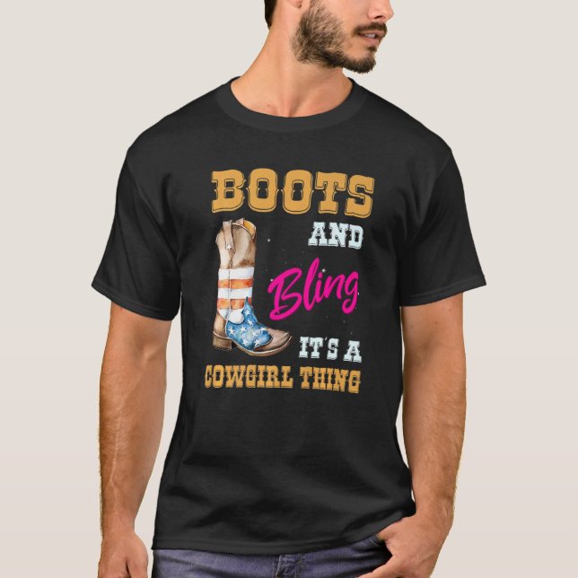 Girls Usa Flag Boots Bling Its A Cowgirl Thing Cut T-Shirt (Front)