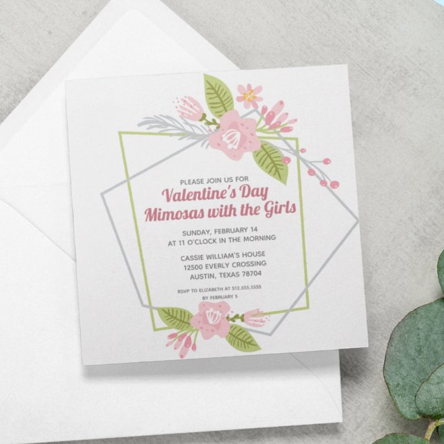 Girls Valentines Day Galentines Party Pink Floral Holiday Card (Creator Uploaded)