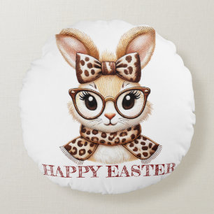 Girls' Vintage Easter Charm: Chic Bunny T-Shirt Round Cushion