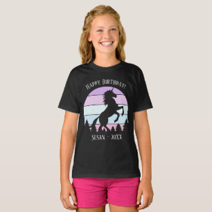 Girls Vintage Sunset Unicorn Name Date Birthday T-Shirt