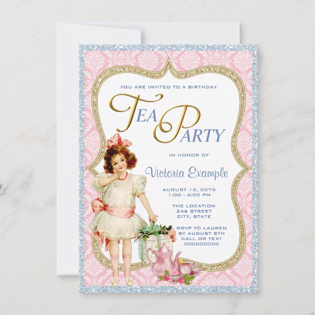 Girls Vintage Tea Party Invitation (Front)