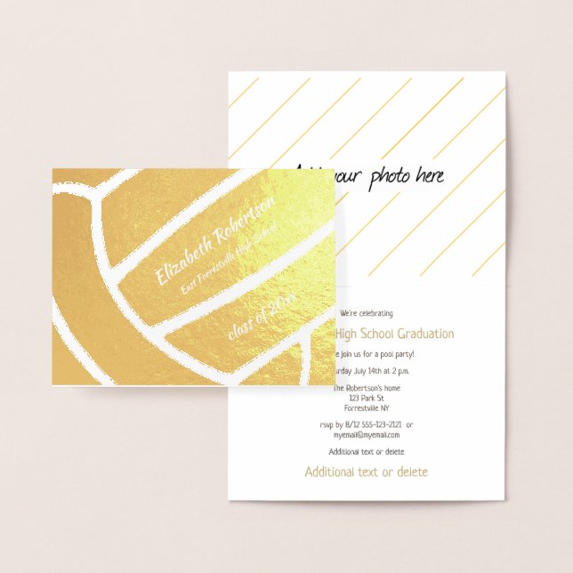 Girl's volleyball athlete graduation party gold foil card (Display)