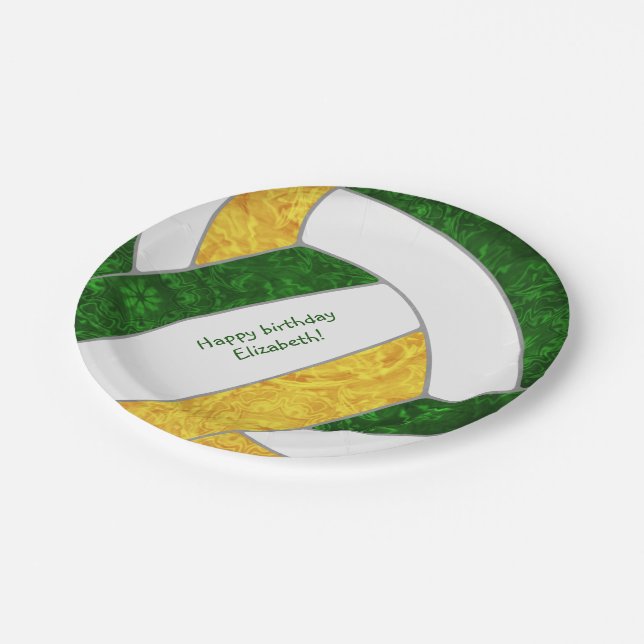 girl's volleyball birthday party green gold paper plate (Angled)