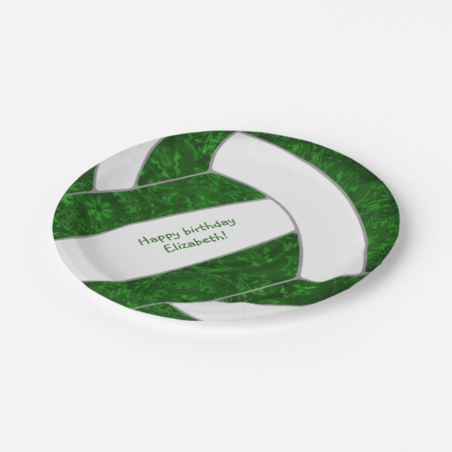 girl's volleyball birthday party green white paper plate (Angled)