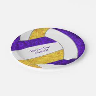 girl's volleyball birthday party purple gold paper plate