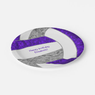 girl's volleyball birthday party purple grey paper plate
