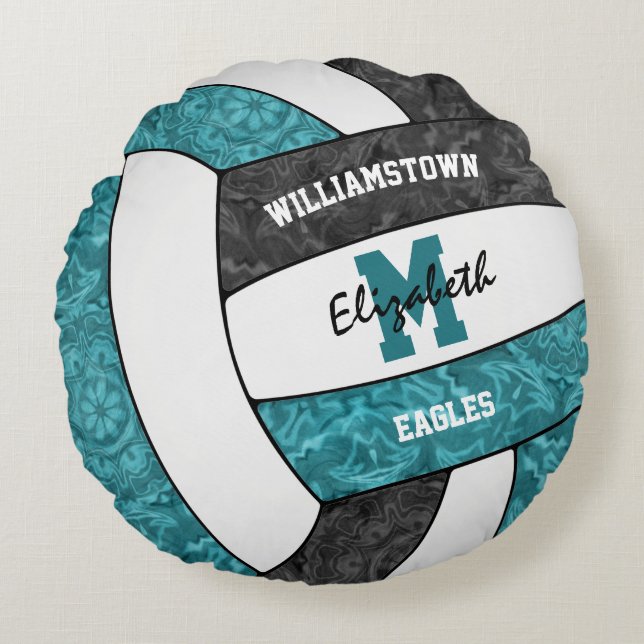 Girls volleyball room teal black team colours round cushion (Front)