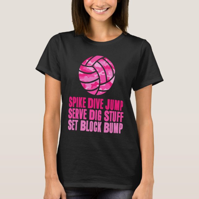 Girls' Volleyball Teens Spike Dive Player Pink Cam T-Shirt (Front)