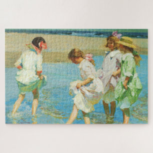 Girls Walking in Water at a Seaside Beach Jigsaw Puzzle
