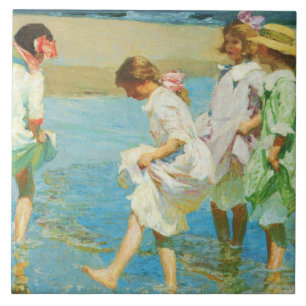 Girls Walking in Water at the Seaside Ceramic Tile