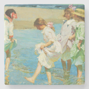 Girls Walking in Water at the Seaside Stone Coaster