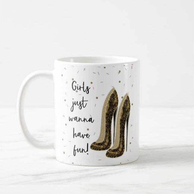 Girls Wanna Have Fun Gold Black High Heels Coffee Mug (Left)