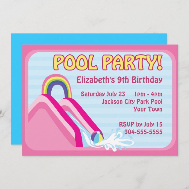 Girls Water Slide Birthday Invitation (Front/Back)