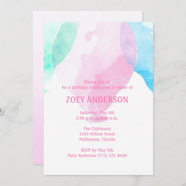 Girl's Watercolor Balloon Birthday Party Invite (Front/Back)