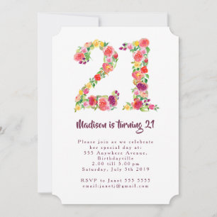 Girls Watercolor Floral 21st Birthday Party Shaped Invitation