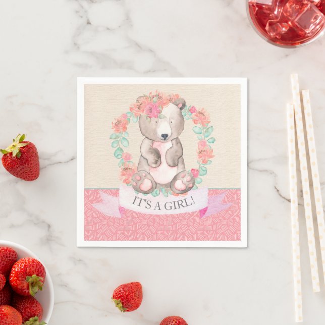 Girls Watercolor Floral Baby Bear Baby Shower Napkin (Insitu)