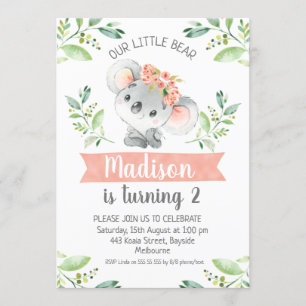 Girls Watercolor Koala Bear Birthday Invitation