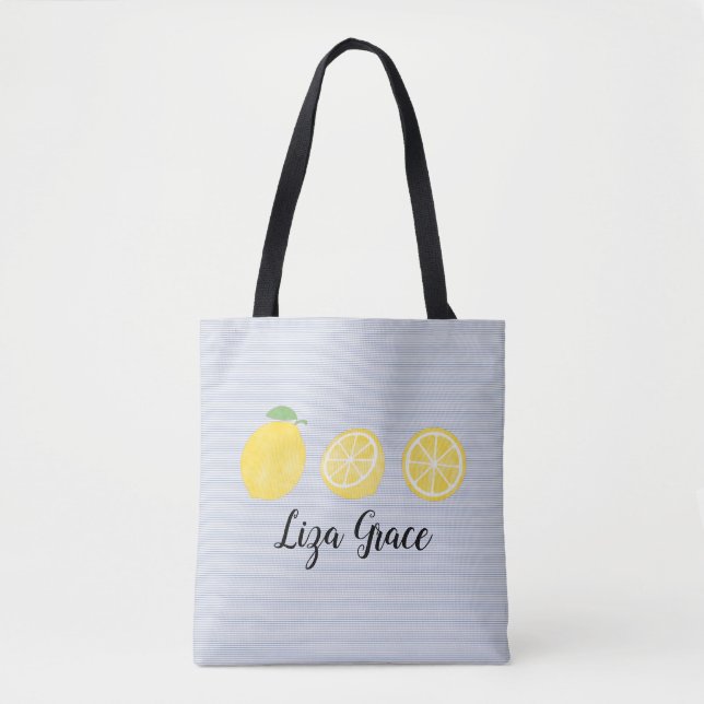 Girls Watercolor Lemon Trio Blue Pinstripe Tote Bag (Front)