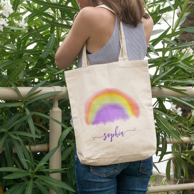 Girls watercolor rainbow modern name script tote bag (Creator Uploaded)