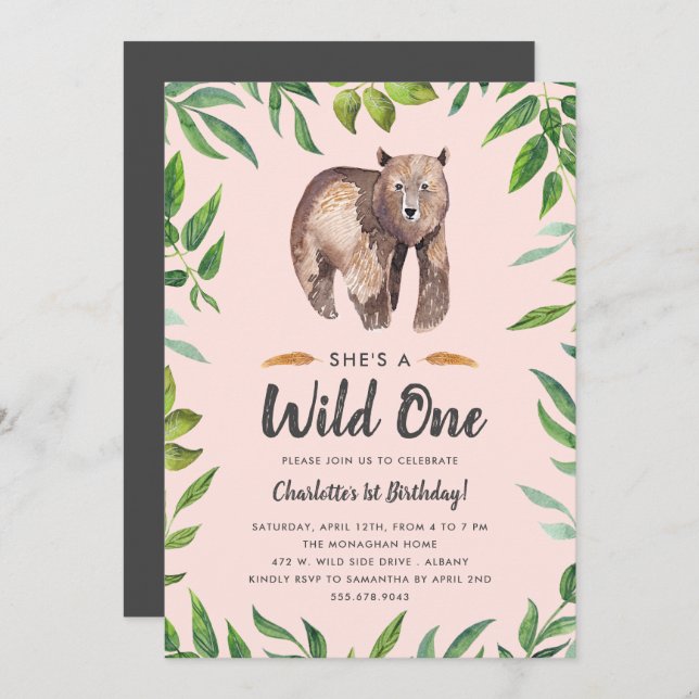 Girls Watercolor Wild One Birthday | Blush Invitation (Front/Back)