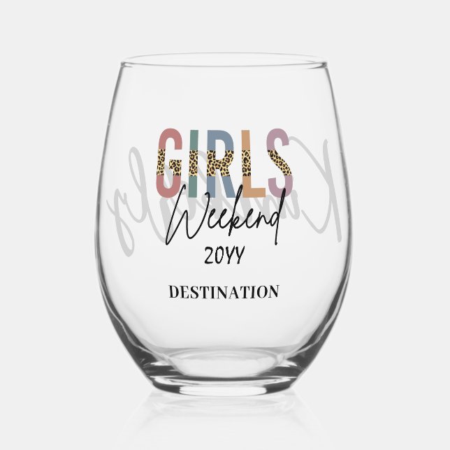 Girls Weekend Cheetah Print Girls trip getaway Stemless Wine Glass (Front)