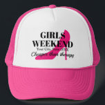 Girls weekend pink stiletto bachelorette party trucker hat<br><div class="desc">Girls weekend pink stiletto bachelorette party Trucker Hat. Cool cap for friends,  family,  bride,  bridal crew,  bridesmaids etc. Add your own destination,  year and quote.  High heels shoe silhouette with elegant text template.</div>