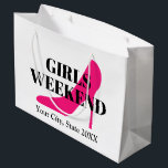 Girls weekend trip pink high heel stiletto shoe large gift bag<br><div class="desc">Girls weekend trip neon pink high heel stiletto shoe Large Gift Bag. Add your own party favours and goodies. Small, medium and big sizes. Customisable stringed bags with date and destination. Elegant typography template with fashion icon. Create beautiful bags for best friends, guests, bridesmaids, family, bridal crew, bride, bridesmaids, groups,...</div>