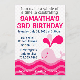 Girl's Whale Pink Birthday Party Invitation