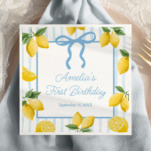 Girls Whimsical Blue Bow Lemon Amalfi Birthday Napkin