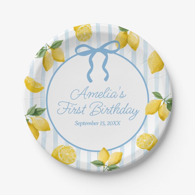 Girls Whimsical Blue Bow Lemon Amalfi Birthday Paper Plate (Front)