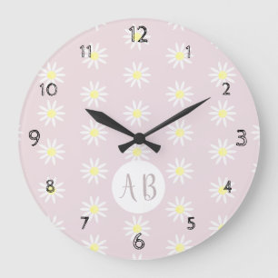 Girl's Whimsical Daisy Flower Pattern Monogram Large Clock