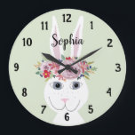 Girls Whimsical Floral Watercolor Rabbit and Name Large Clock<br><div class="desc">This whimsical and trendy kid's clock features a beautiful,  hand painted bunny rabbit with a floral wreath,  and a customisable background. This floral watercolor design also features a place for you to add your girl's name. Perfect for any kid's room or baby's nursery!</div>