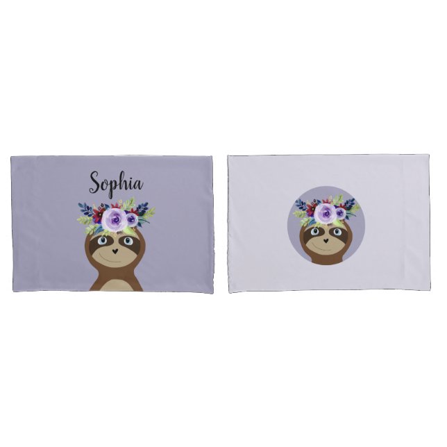 Girls Whimsical Flowers Sloth Cartoon & Name Kids Pillowcase (Front-Set)