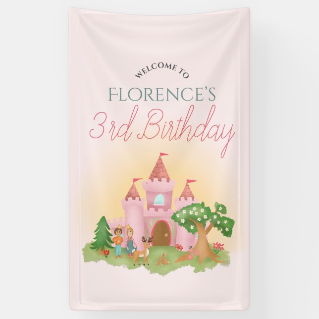 Girls Whimsical Pink Princess Birthday Welcome Banner (Vertical)