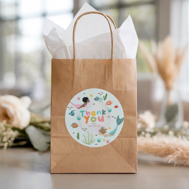 Girls Whimsical Two the Sea Mermaid Birthday Favor Classic Round Sticker (Creator Uploaded)