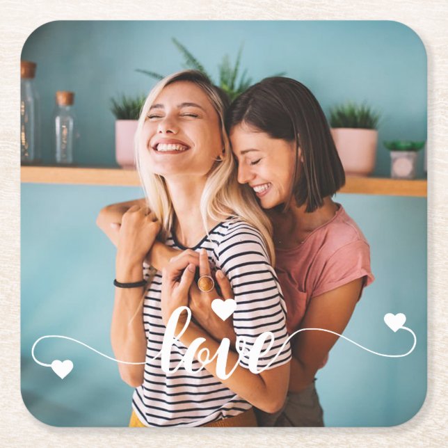 Girls White Love Script With Heart Valentine Square Paper Coaster (Front)