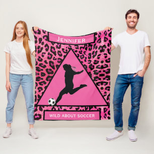Girls "Wild About Soccer" Pink Leopard Fleece Blanket