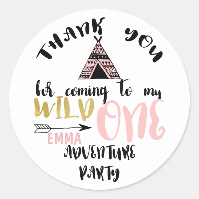 Girls Wild One 1st Birthday Thank You Sticker (Front)