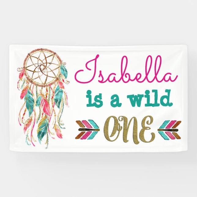 Girls Wild One Birthday Banner Tribal 1st Birthday (Horizontal)