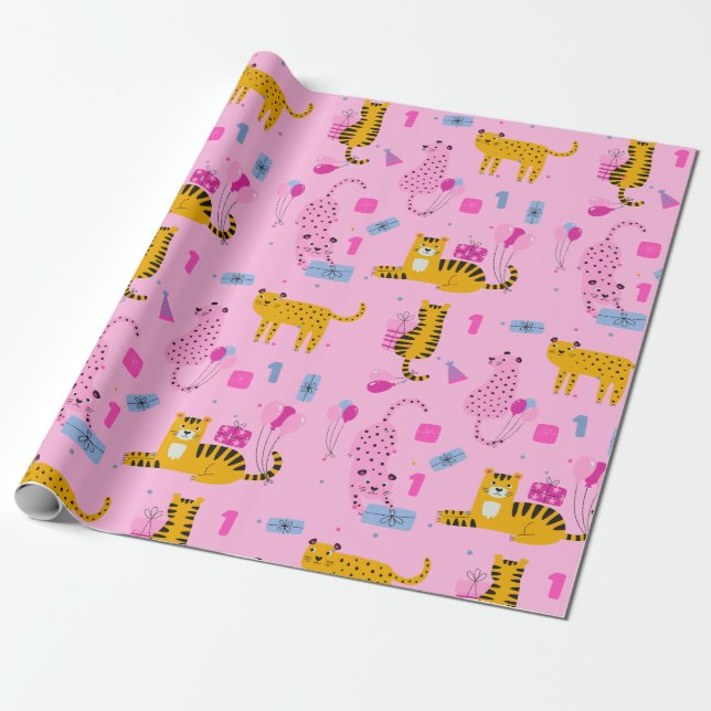 Girl's Wild One First Birthday Wrapping Paper (Unrolled)