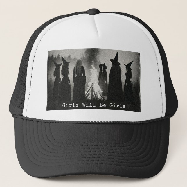 "Girls Will Be Girls" Vintage Witch Trucker Hat –  (Front)