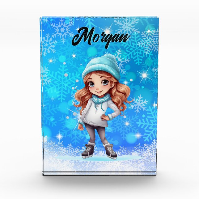 Girls Winter Ice Skate Figure Skate Snowflake Photo Block (Front)
