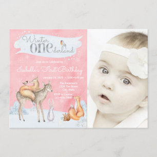 Girls Winter ONEderland Woodland Photo Birthday Invitation
