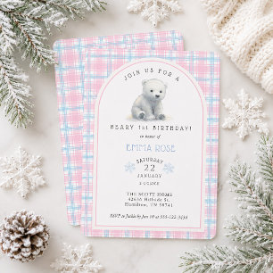 Girl's Winter Polar Bear Beary 1st Birthday Party Invitation
