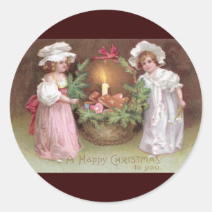 Girls with Basket of Christmas Cookies Vintage Classic Round Sticker