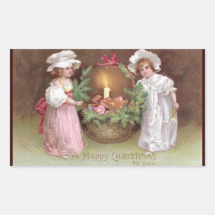Girls with Basket of Christmas Cookies Vintage Rectangular Sticker