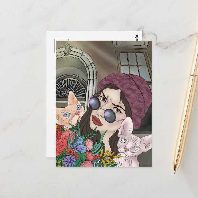 Girls with cats Print, Value Poster Paper (Matte) Postcard (Front/Back In Situ)